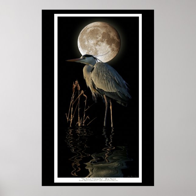 Great Blue Heron, Reeds & Moon Nature Art Print Poster (Vorne)