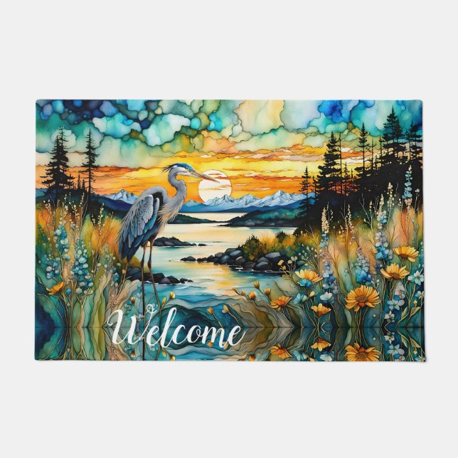Great Blue Heron Sunset Wildblumen Landschaft Fußmatte (Vorderseite)