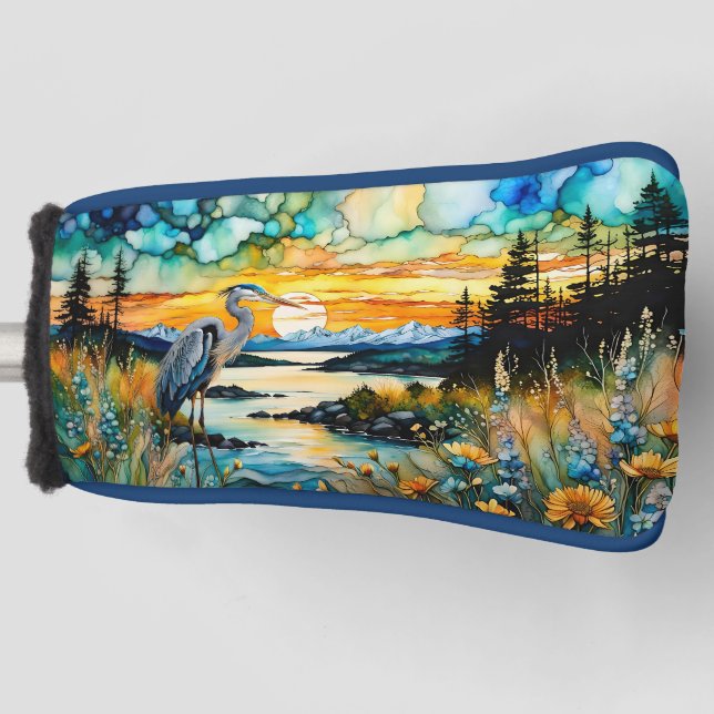 Great Blue Heron Sunset Wildblumen Landschaft Golf Headcover (Vorderseite)