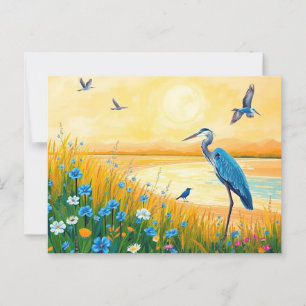 Great Blue Heron Sunset Wildblumen Landschaft Postkarte