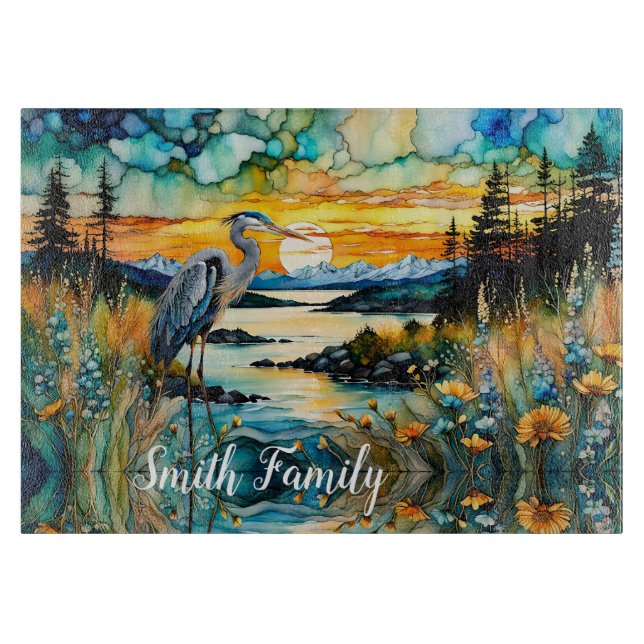Great Blue Heron Sunset Wildblumen Landschaft Schneidebrett (Vorderseite)