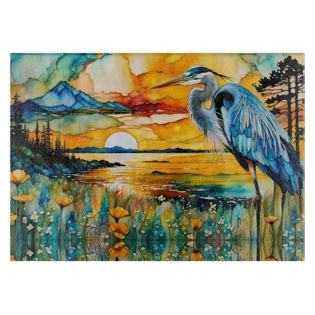 Great Blue Heron Sunset Wildblumen Landschaft Schneidebrett (Vorderseite)