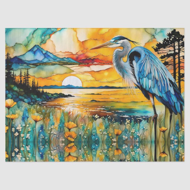 Great Blue Heron Sunset Wildblumen Landschaft Seidenpapier (Vorderseite)