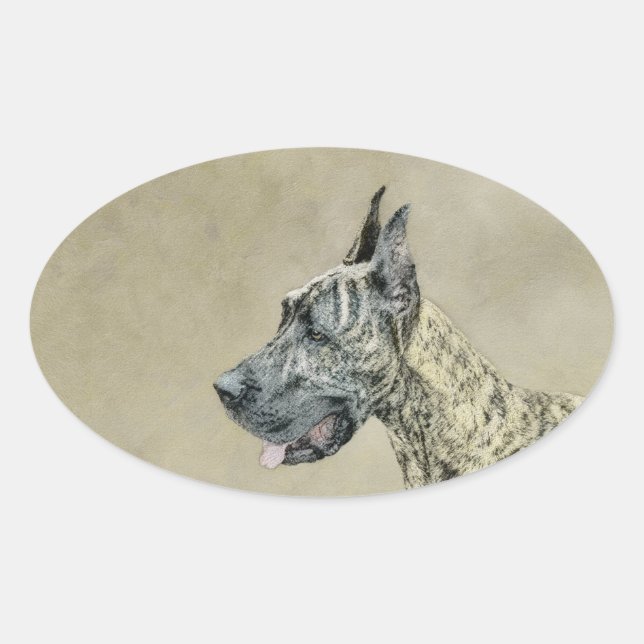 Great Dane (Brindle) Malerei - Original Hunde Art Ovaler Aufkleber (Vorderseite)