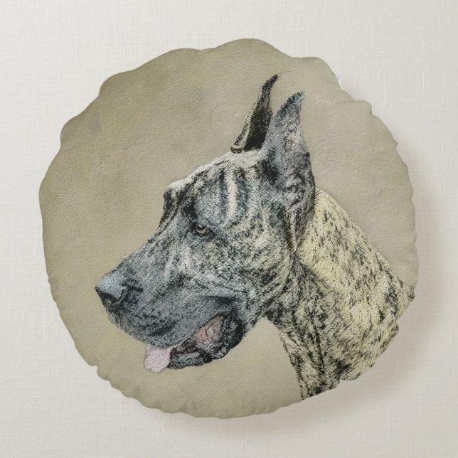 Great Dane (Brindle) Malerei - Original Hunde Art Rundes Kissen (Rückseite)