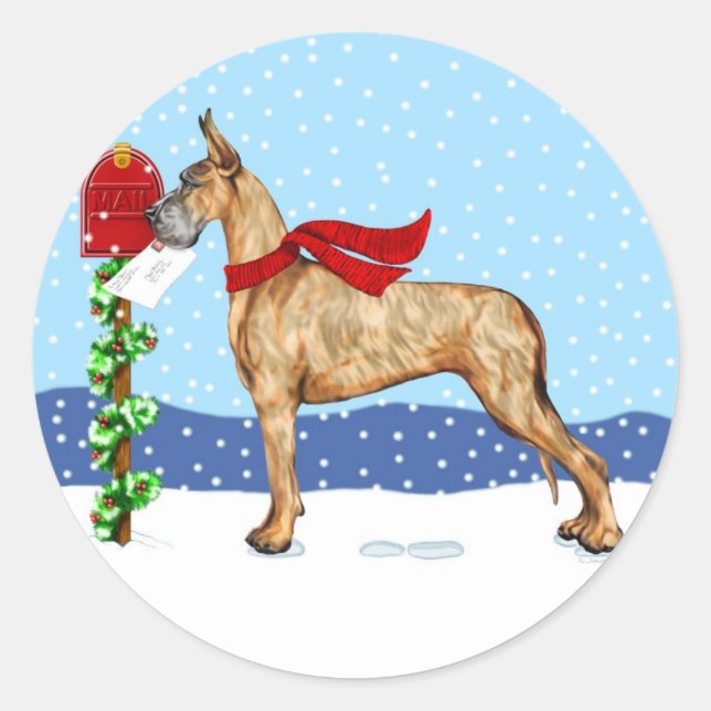 Great Dane Christmas Mail Brindle Runder Aufkleber (Vorderseite)