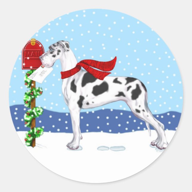 Great Dane Christmas Mail Harlequin UC Runder Aufkleber (Vorderseite)
