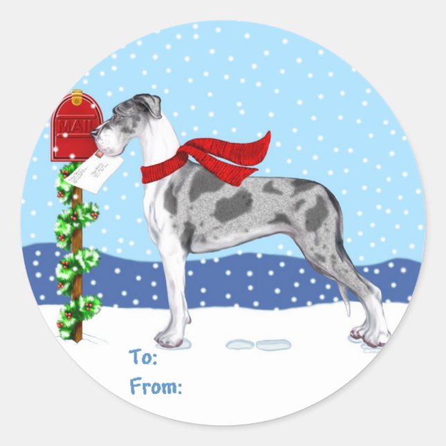 Great Dane Christmas Mail Merle UC Geschenktasten Runder Aufkleber (Vorderseite)