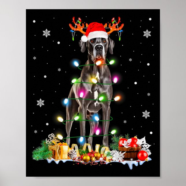 Great Dane Christmas Santa Hat Fairy Lights Pajama Poster (Vorne)