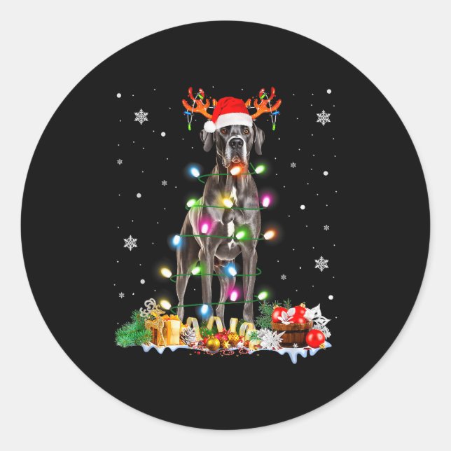 Great Dane Christmas Santa Hat Fairy Lights Pajama Runder Aufkleber (Vorderseite)