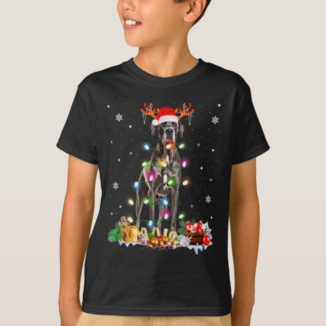 Great Dane Christmas Santa Hat Fairy Lights Pajama T-Shirt (Vorderseite)