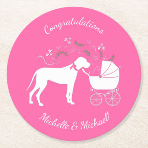 Great Dane Dog Baby Dusche Puppy Pink Girl Runder Pappuntersetzer