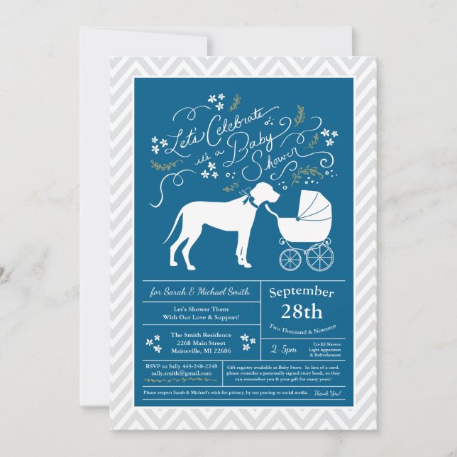Great Dane Dog Baby Shower Blue Boy Einladung (Vorderseite)