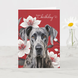 Great Dane Dog Birthday White Lilies on Red Karte