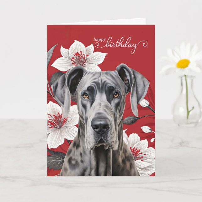 Great Dane Dog Birthday White Lilies on Red Karte (Kleine Pflanze)