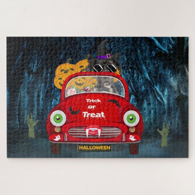 Great Dane Dog Driving Car Beängstigend Halloween Puzzle (Horizontal)