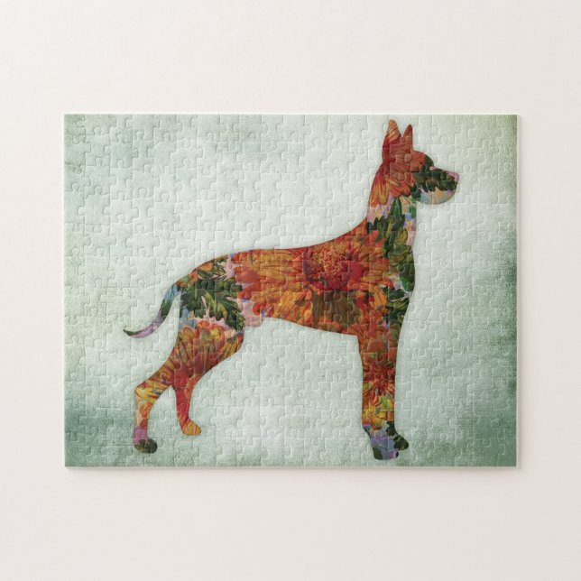 Great Dane Dog Floral On Green Puzzle (Horizontal)