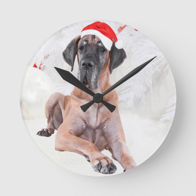 Great Dane Dog Hat frohe Weihnachten Runde Wanduhr (Vorderseite)