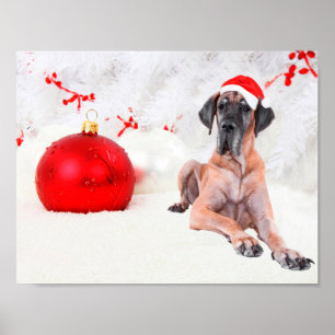 Great Dane Dog Hat Frohe Weihnachts Red Ornament Poster