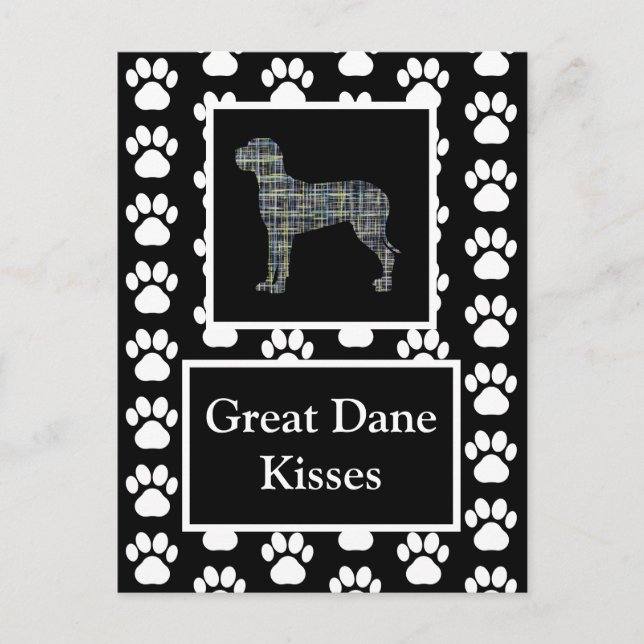 Great Dane Dog Kisses Silhouette Yellow&Blue Grid Postkarte (Vorderseite)