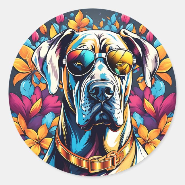 Great Dane Dog Portrait mit Sonnenbrille Runder Aufkleber (Vorderseite)