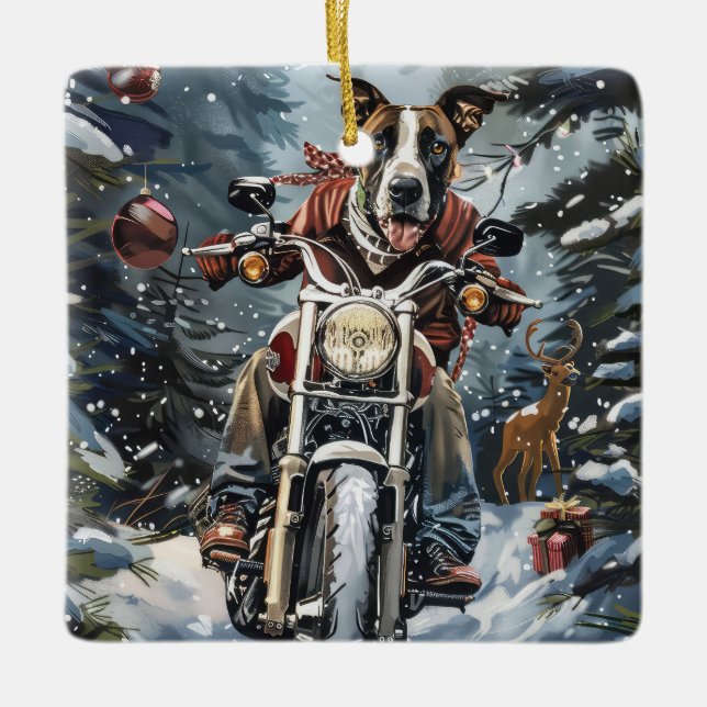 Great Dane Dog Riding Motorrad Weihnachten Keramikornament (Vorderseite)