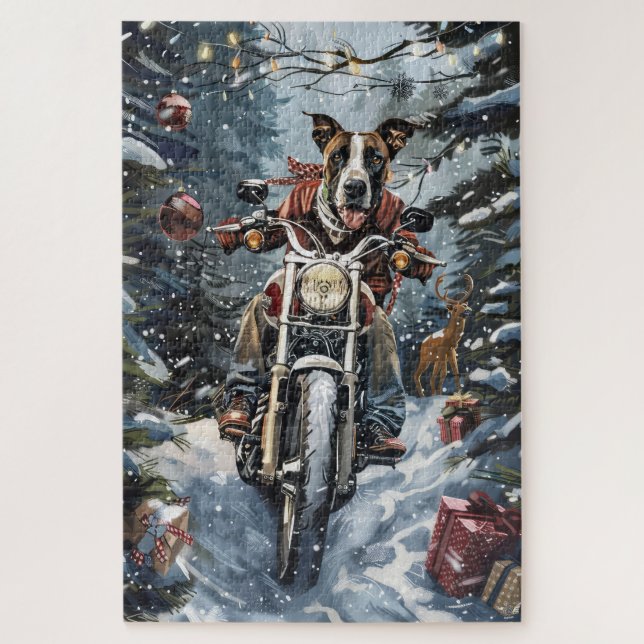 Great Dane Dog Riding Motorrad Weihnachten Puzzle (Vertikal)