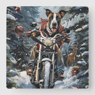 Great Dane Dog Riding Motorrad Weihnachten Quadratische Wanduhr