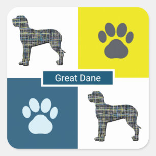 Great Dane Dog Silhouette & Paw Print Y&B Grid Quadratischer Aufkleber