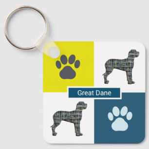 Great Dane Dog Silhouette & Paw Print Y&B Grid Schlüsselanhänger