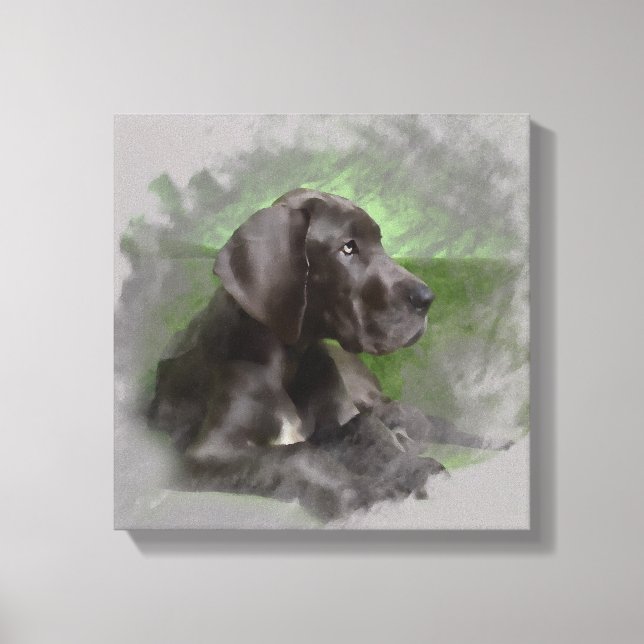 Great Dane Dog Sitting Wasserfarbe Art Portrait Leinwanddruck (Vorderseite)
