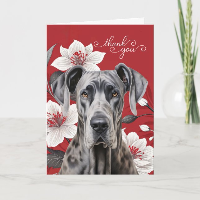 Great Dane Dog with White Lilies on Red Dankeskarte (Vorderseite)