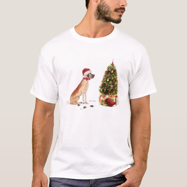 Great Dane Funny Christmas Dog mit Baum T-Shirt (Vorderseite)