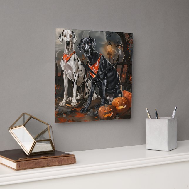 Great Dane Halloween Spooky Quadratische Wanduhr (Büro)