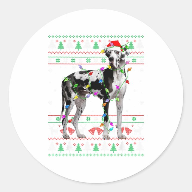 Great Dane Harlequin Dog Christmas Ugly Sweater Li Runder Aufkleber (Vorderseite)