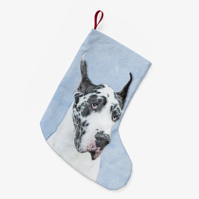 Great Dane (Harlequin) Malerei - Original Dog Art Kleiner Weihnachtsstrumpf (Vorderansicht (hängend))
