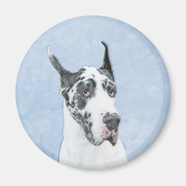 Great Dane (Harlequin) Malerei - Original Dog Art Magnet (Vorne)