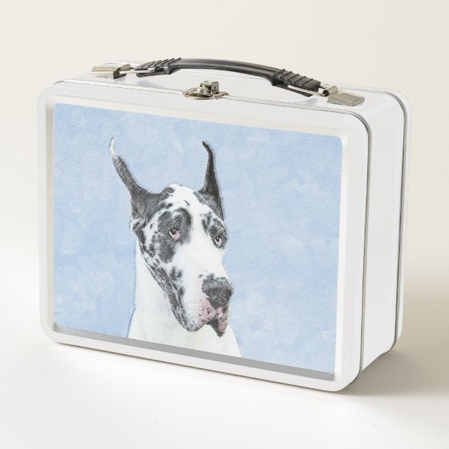 Great Dane (Harlequin) Malerei - Original Dog Art Metall Brotdose (Vorderseite)
