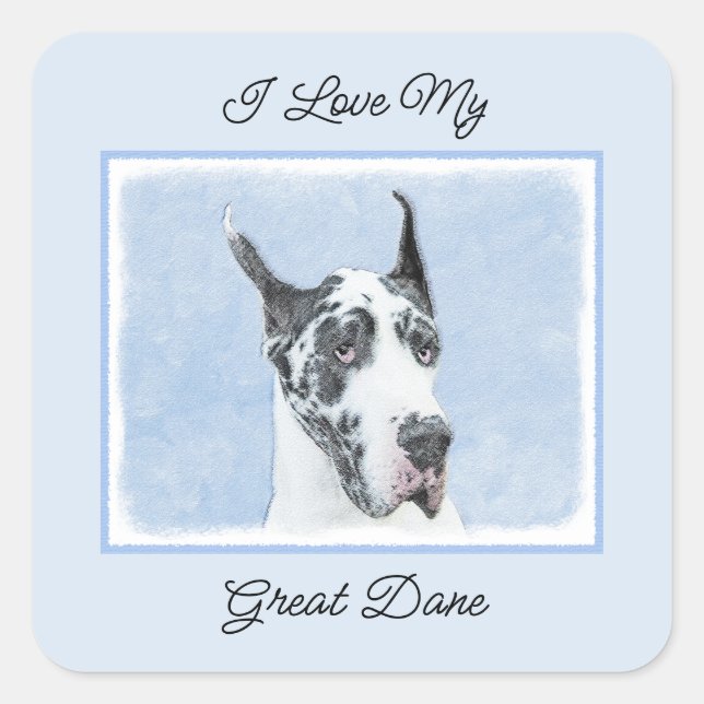 Great Dane (Harlequin) Malerei - Original Dog Art Quadratischer Aufkleber (Vorderseite)