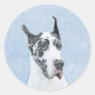 Great Dane (Harlequin) Malerei - Original Dog Art Runder Aufkleber