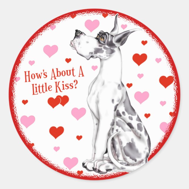 Great Dane Harlequin Valentine's Day Kiss Runder Aufkleber (Vorderseite)