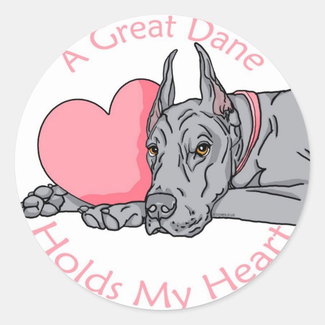 Great Dane Holds Heart Blue Runder Aufkleber (Vorderseite)