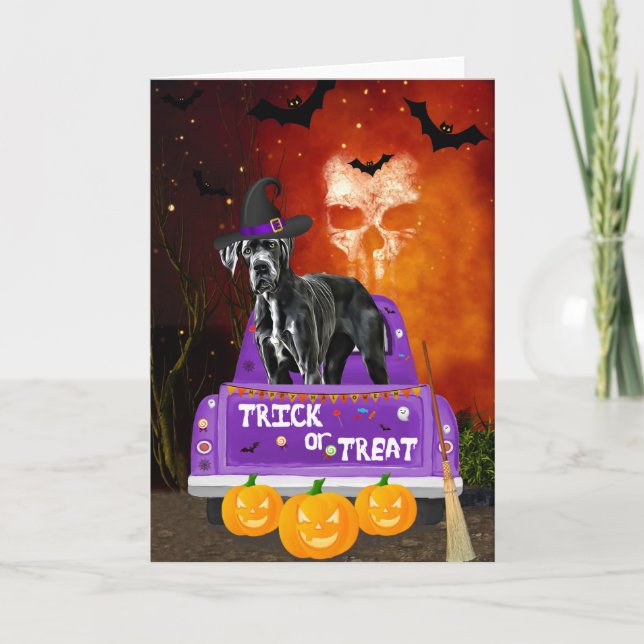 Great Dane Hund in Halloween Truck Karte (Vorderseite)