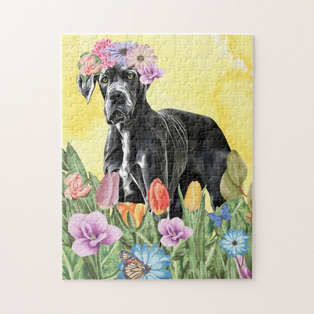 Great Dane Hund mit Blume Spring Puzzle (Vertikal)