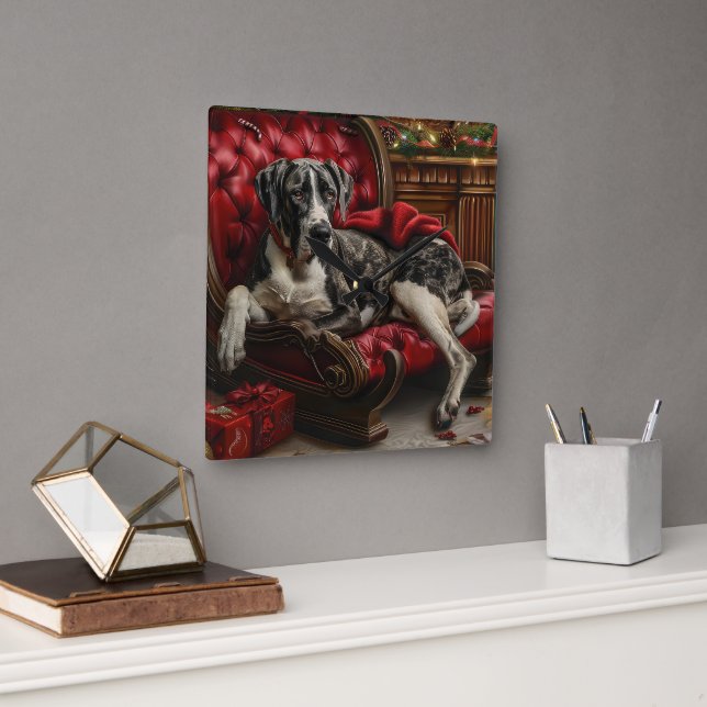 Great Dane Hund Weihnachten Quadratische Wanduhr (Büro)