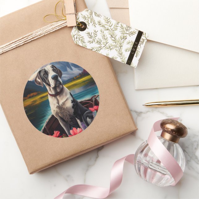 Great Dane on a Paddle: Ein Landschaftliches Abent Runder Aufkleber (Schenken)