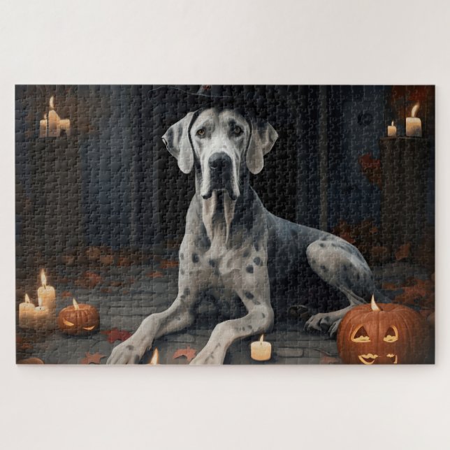 Great Dane Pumpkins Halloween Beängstigend Gedreht Puzzle (Horizontal)