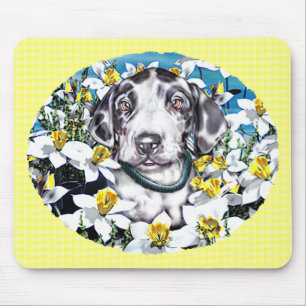 Great Dane Pup in Daffodils Harlequin Mousepad