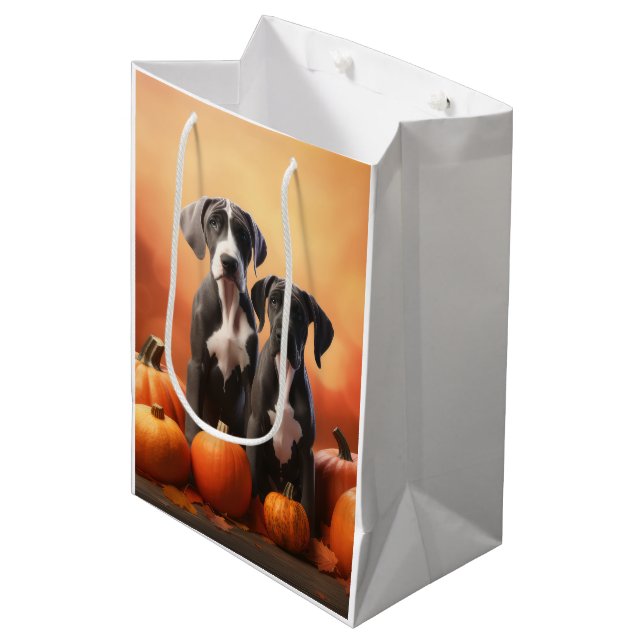 Great Dane Puppy Autumn Delight Pumpen Mittlere Geschenktüte (Vorderseite Schrägansicht)