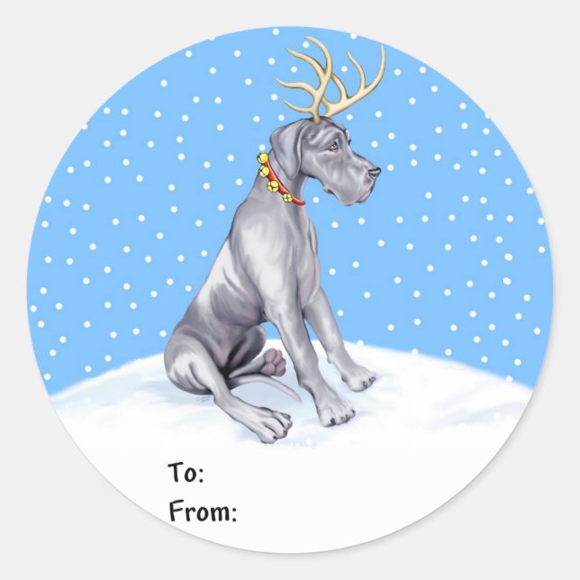 Great Dane Reindeer Christmas Blue UC Geschenktast Runder Aufkleber (Vorderseite)